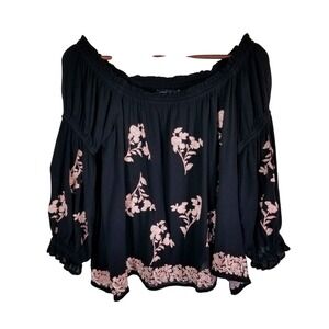 American Eagle Outfitters Off Shoulder‎ Black Floral Embroidered Top Large